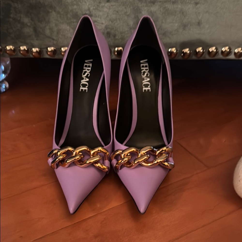 Versace Purple and Gold Stiletto Heels with Chain Detail